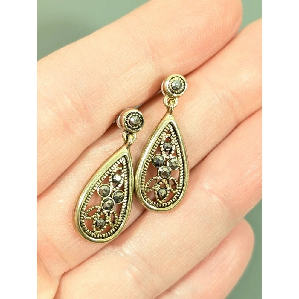 Victorian Style Filigree Teardrop‎ Earrings Gold Tone Faux Marcasite